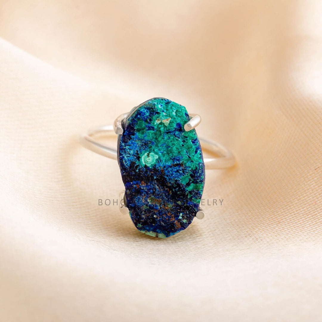 Raw Azurite Malachite Ring: Adjustable Sterling Silver Boho Jewelry