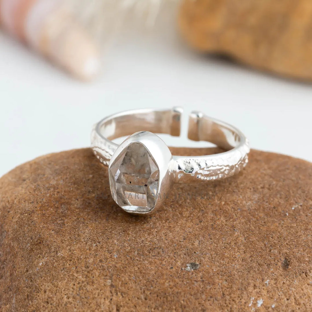 Raw Herkimer Diamond Ring: Sterling Silver Floral Band, Adjustable Boho Crystal