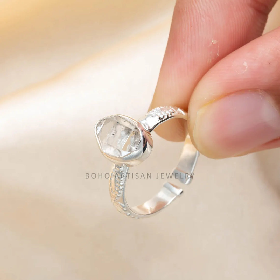 Raw Herkimer Diamond Ring: Sterling Silver Floral Band, Adjustable Boho Crystal