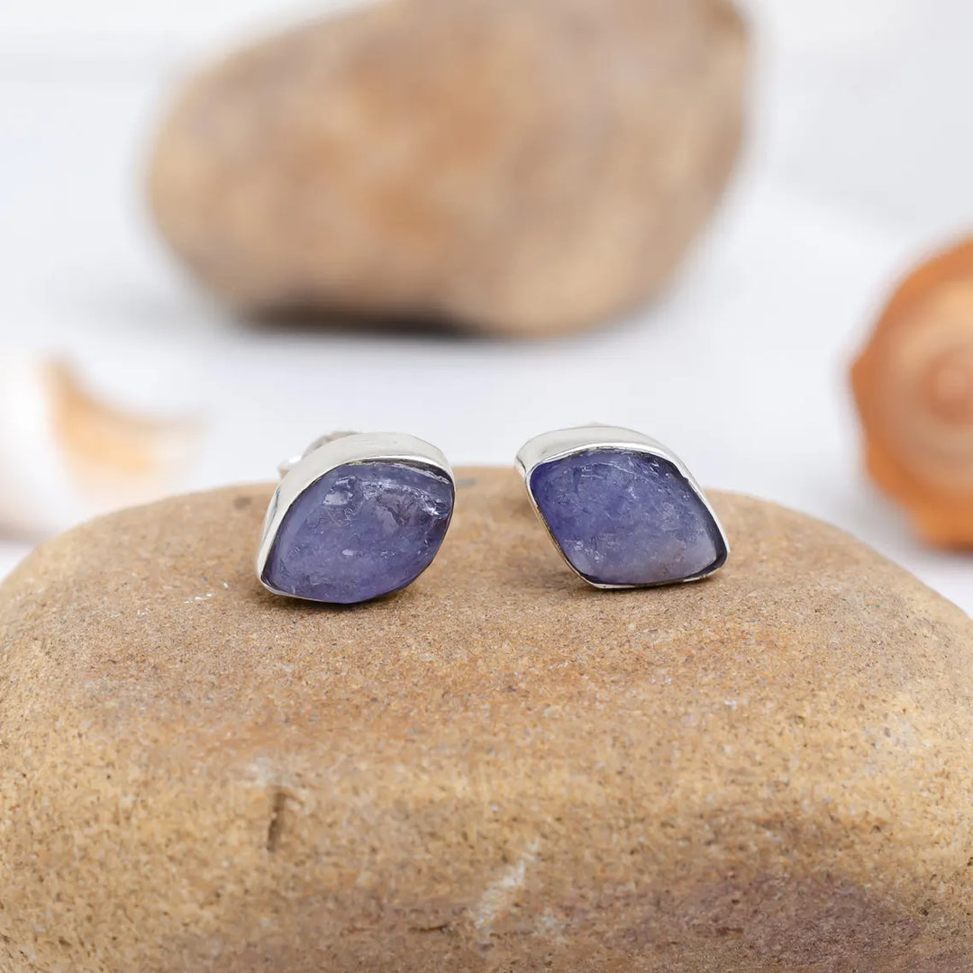 Raw Tanzanite Stud Earrings: Handmade Sterling Silver, December Birthstone