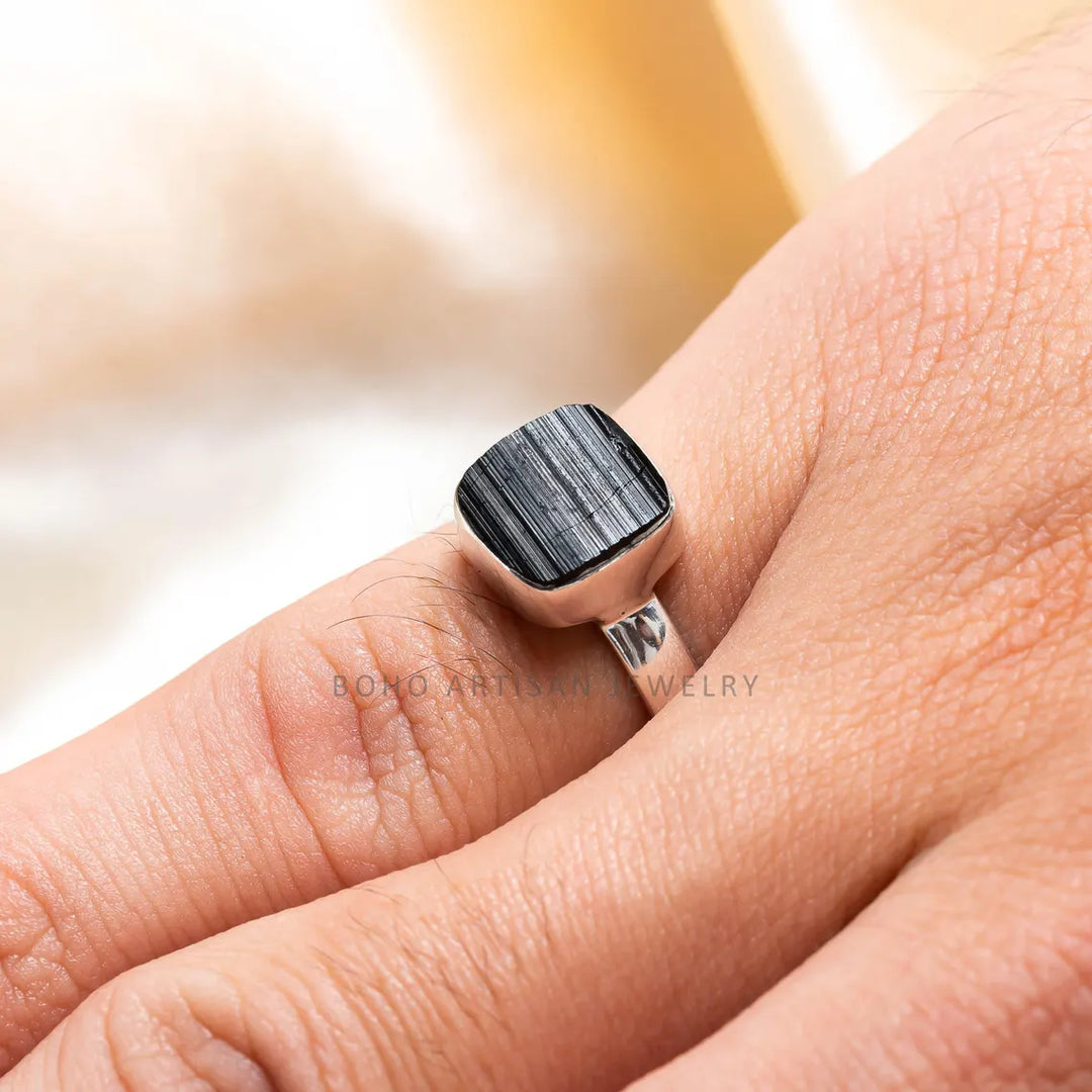 Raw Black Tourmaline Ring, 925 Sterling Silver Ring, Handmade Jewelry, Rough Stone, Black Protection Ring, October Birthstone, Gift For Her