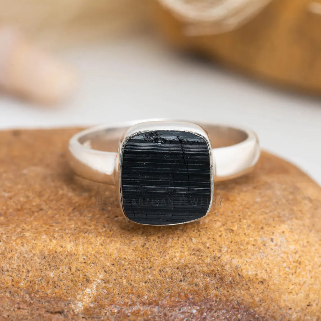 Raw Black Tourmaline Ring, 925 Sterling Silver Ring, Handmade Jewelry, Rough Stone, Black Protection Ring, October Birthstone, Gift For Her