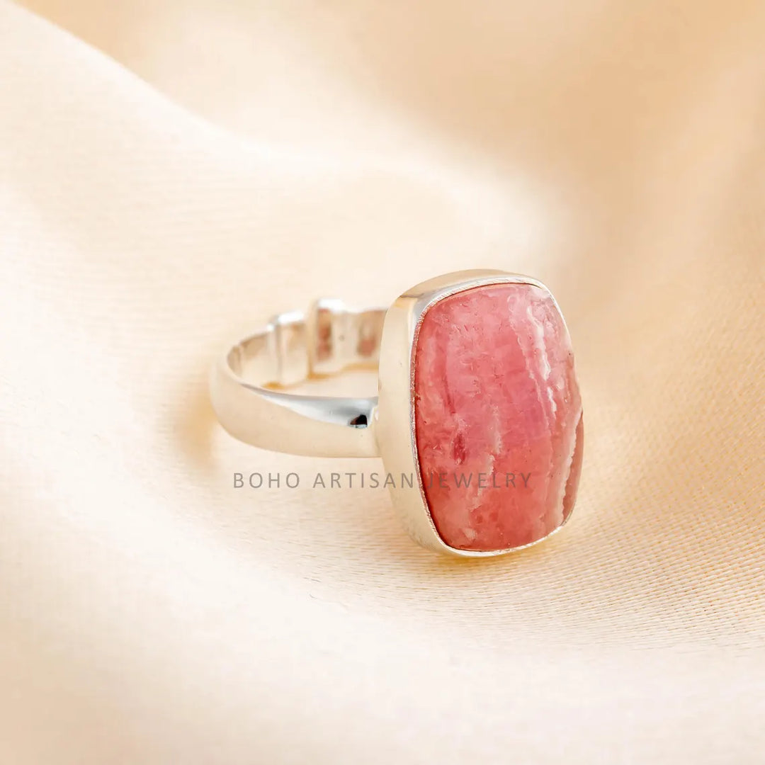 Rhodochrosite Ring: Adjustable Sterling Silver Boho Ring