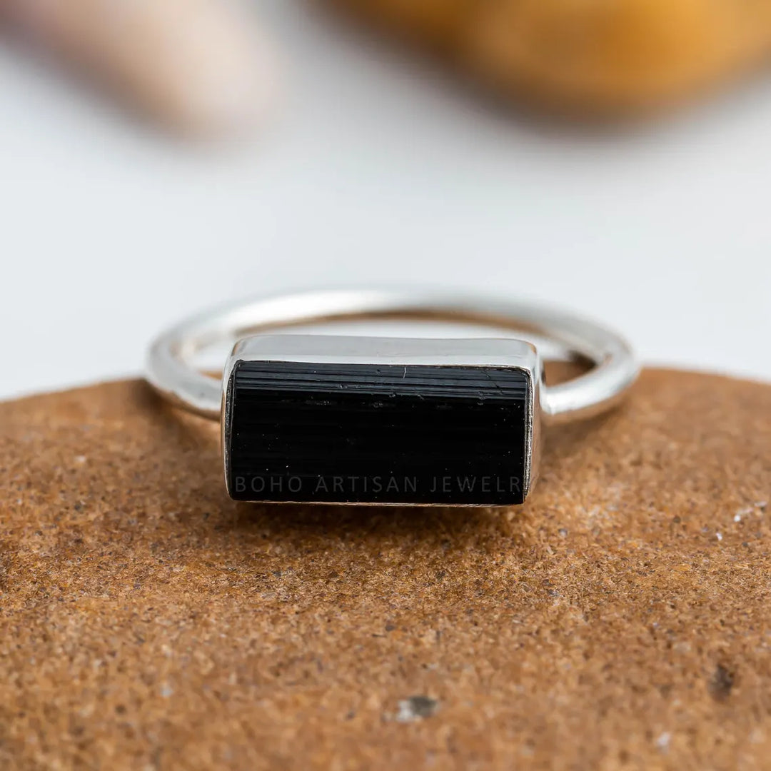 Raw Black Tourmaline Bar Ring: Sterling Silver Stackable Gemstone