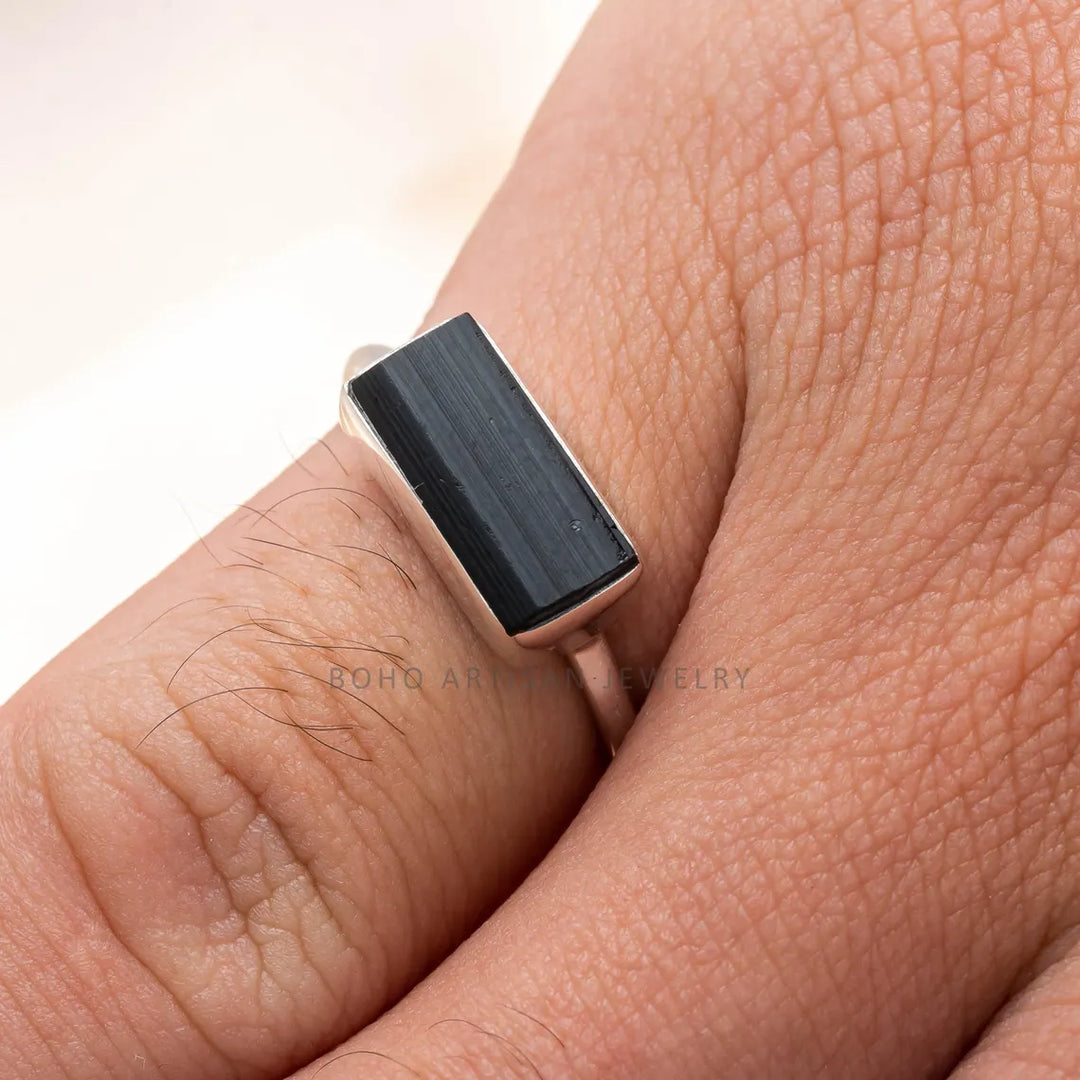 Raw Black Tourmaline Bar Ring: Sterling Silver Stackable Gemstone