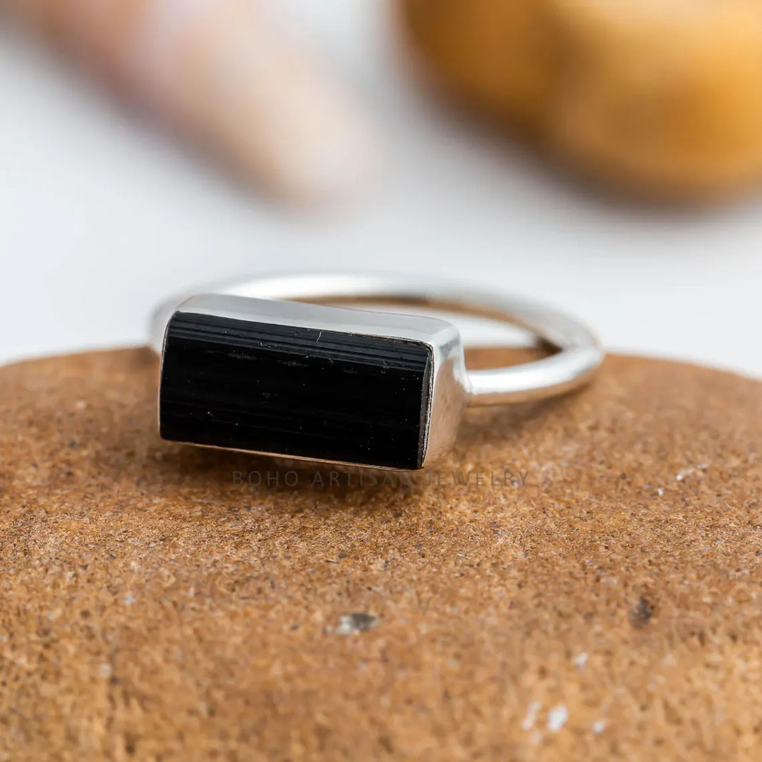 Raw Black Tourmaline Bar Ring: Sterling Silver Stackable Gemstone