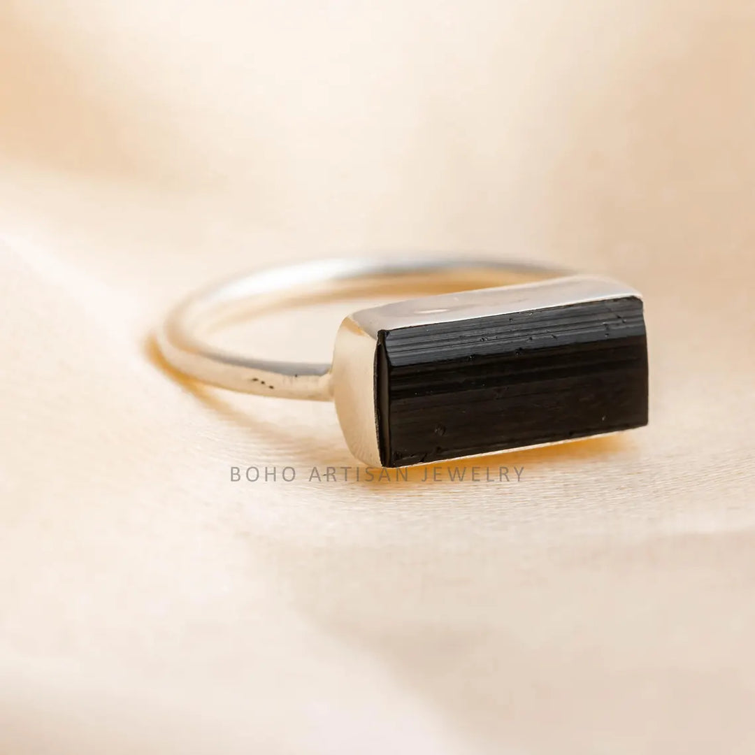 Raw Black Tourmaline Bar Ring: Sterling Silver Stackable Gemstone