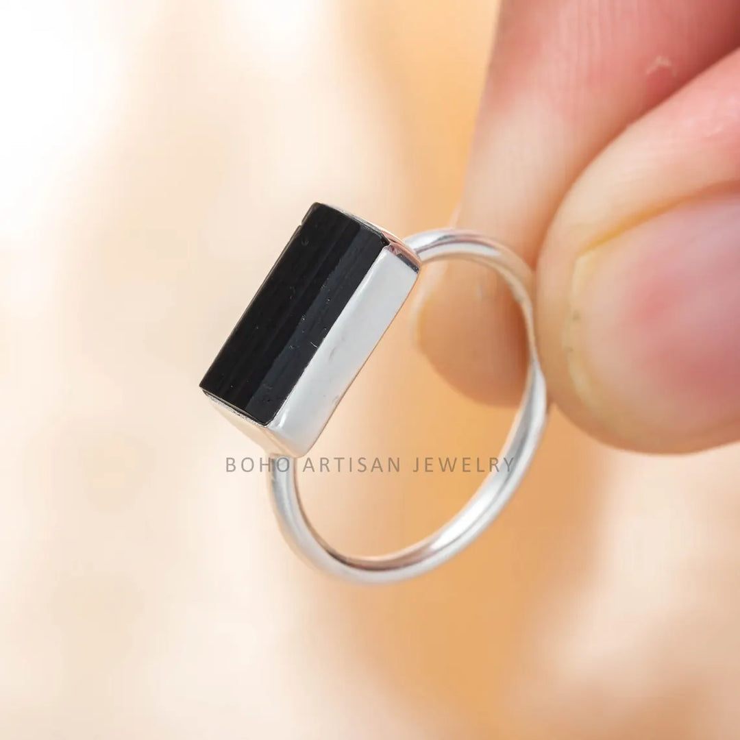 Raw Black Tourmaline Bar Ring: Sterling Silver Stackable Gemstone