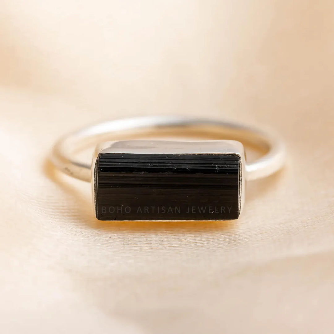Raw Black Tourmaline Bar Ring: Sterling Silver Stackable Gemstone