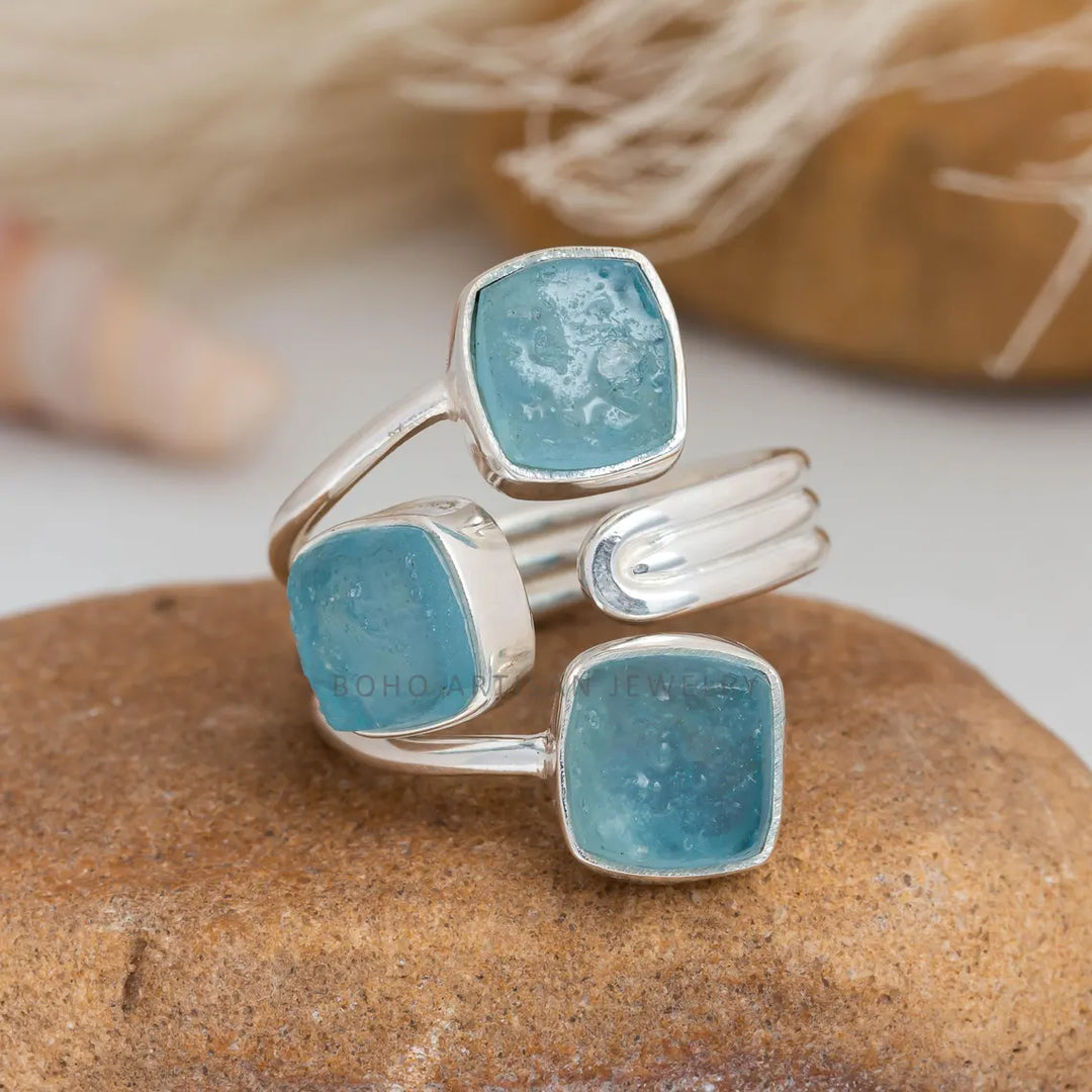 Raw Aquamarine Ring, Three Stone Ring, 925 Silver Jewelry, Adjustable Ring, Blue Gemstone Ring, March Birthstone Ring, Gift for Her