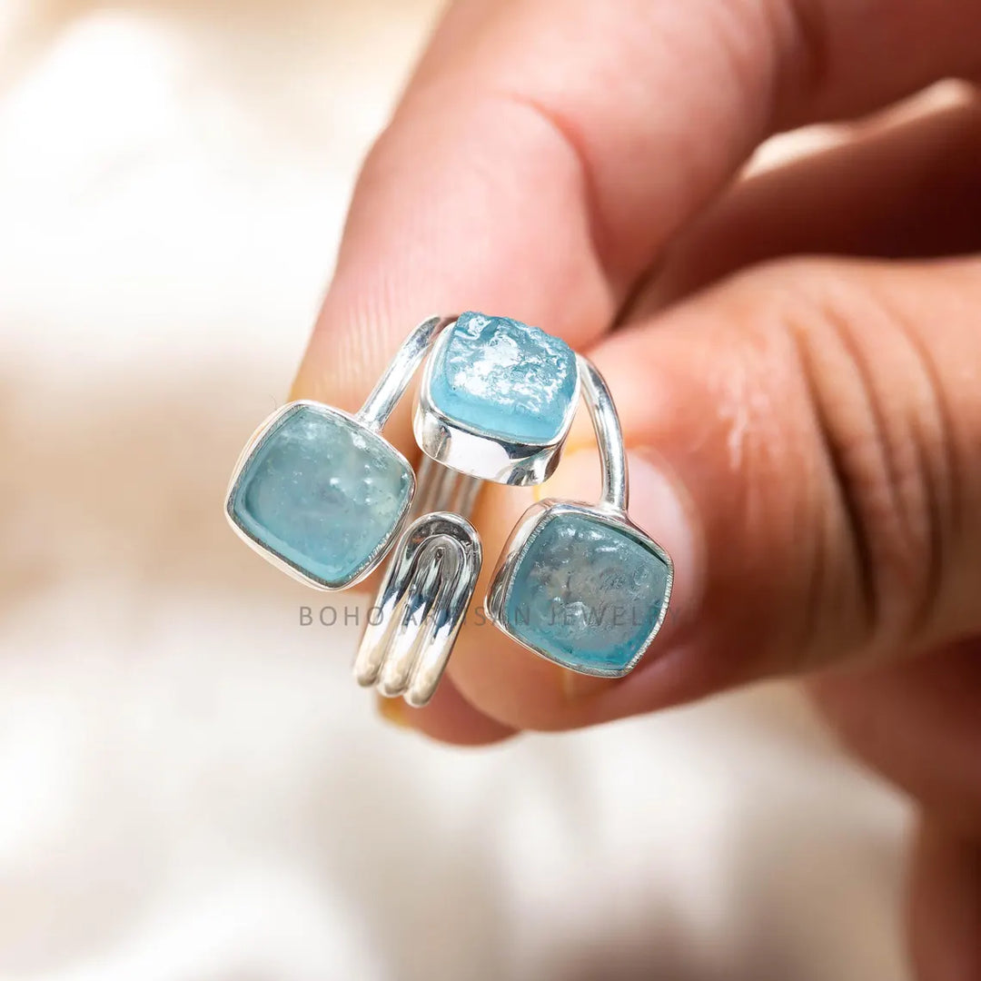 Raw Aquamarine Ring, Three Stone Ring, 925 Silver Jewelry, Adjustable Ring, Blue Gemstone Ring, March Birthstone Ring, Gift for Her