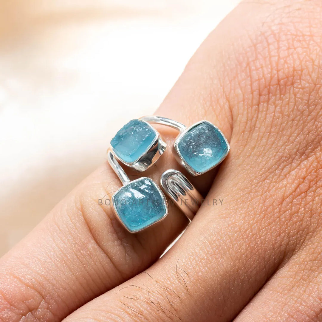 Raw Aquamarine Ring, Three Stone Ring, 925 Silver Jewelry, Adjustable Ring, Blue Gemstone Ring, March Birthstone Ring, Gift for Her