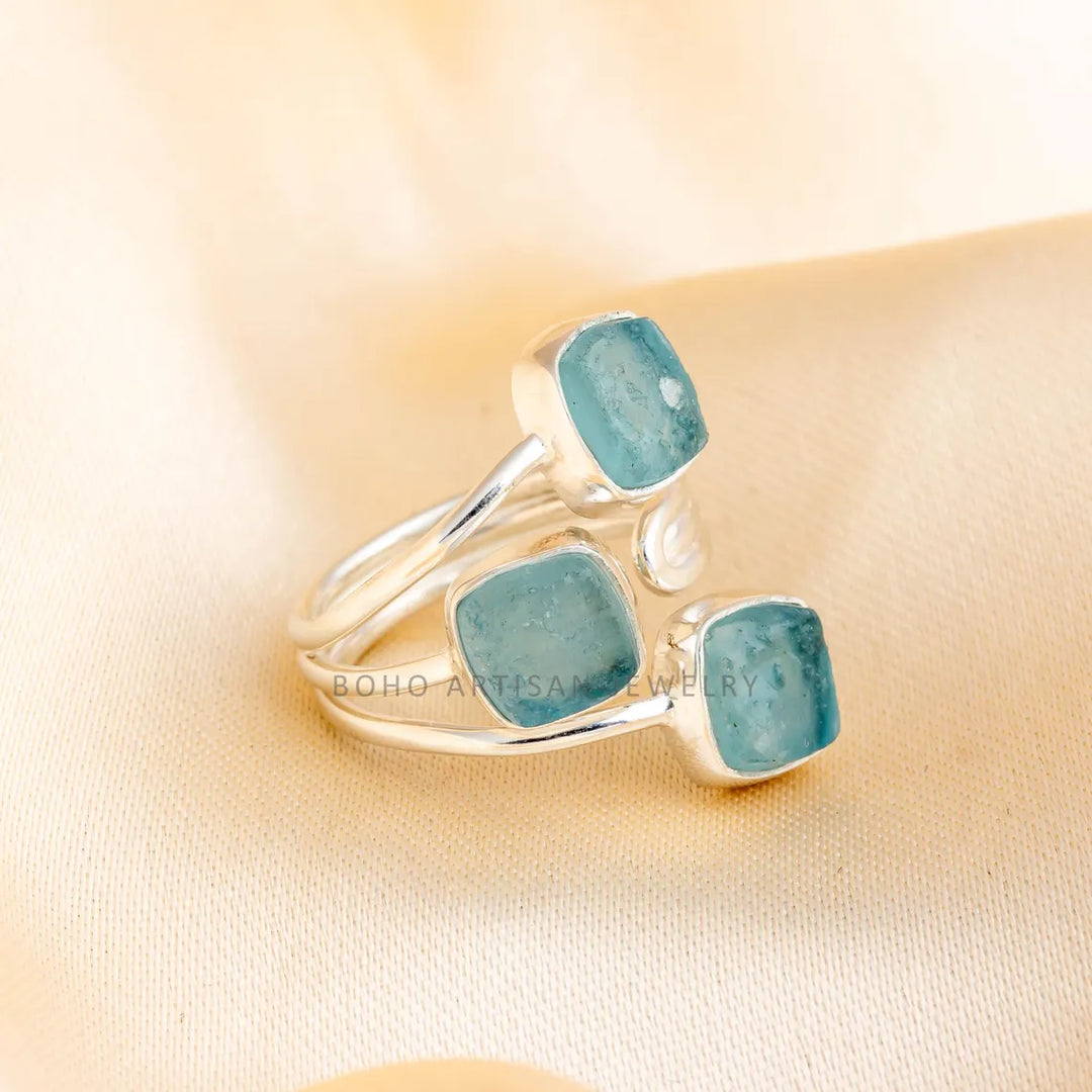 Raw Aquamarine Ring, Three Stone Ring, 925 Silver Jewelry, Adjustable Ring, Blue Gemstone Ring, March Birthstone Ring, Gift for Her