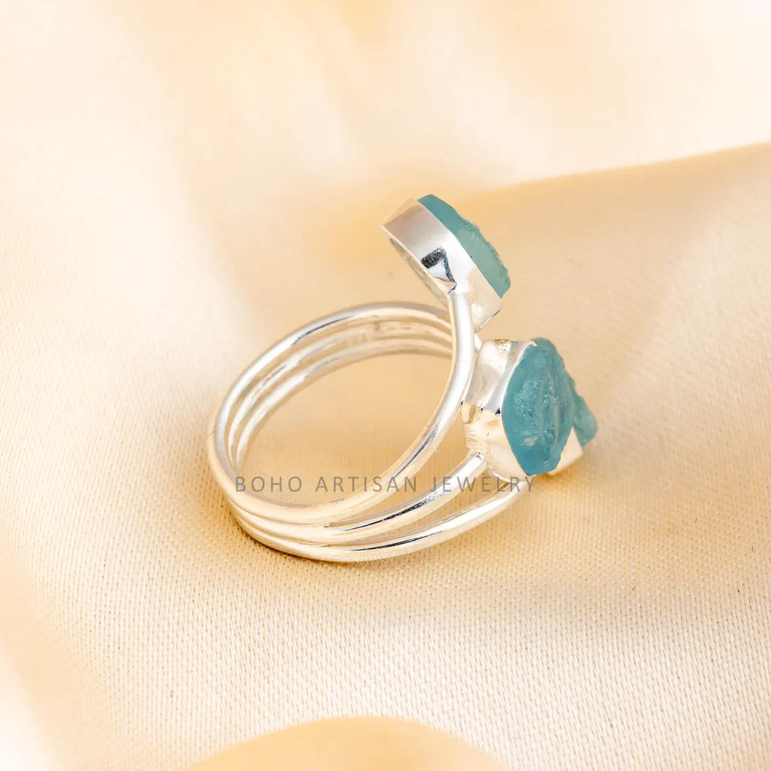Raw Aquamarine Ring, Three Stone Ring, 925 Silver Jewelry, Adjustable Ring, Blue Gemstone Ring, March Birthstone Ring, Gift for Her