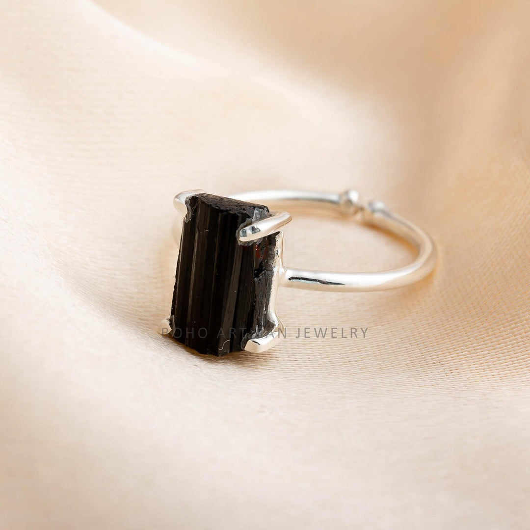 Black Tourmaline Ring: Raw Stone Adjustable Sterling Silver Boho Jewelry