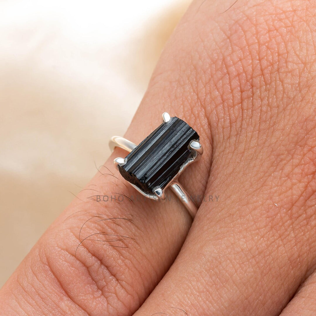 Black Tourmaline Ring: Raw Stone Adjustable Sterling Silver Boho Jewelry