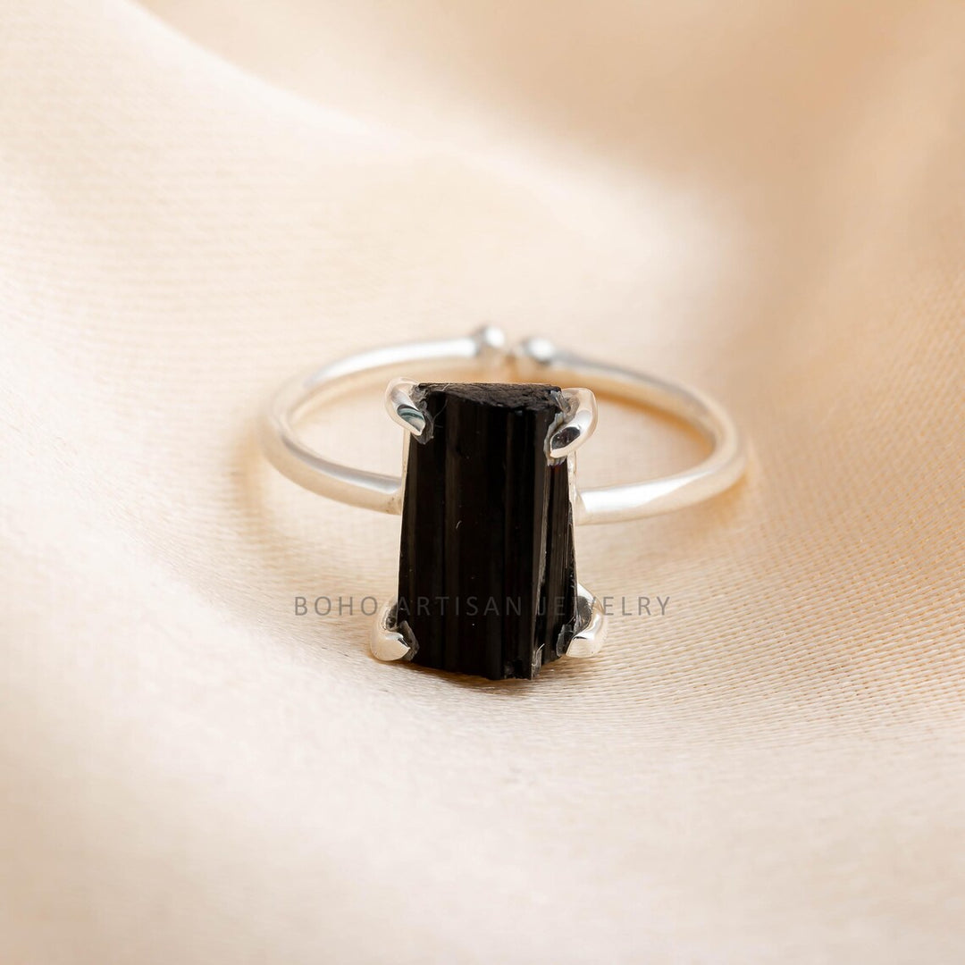 Black Tourmaline Ring: Raw Stone Adjustable Sterling Silver Boho Jewelry