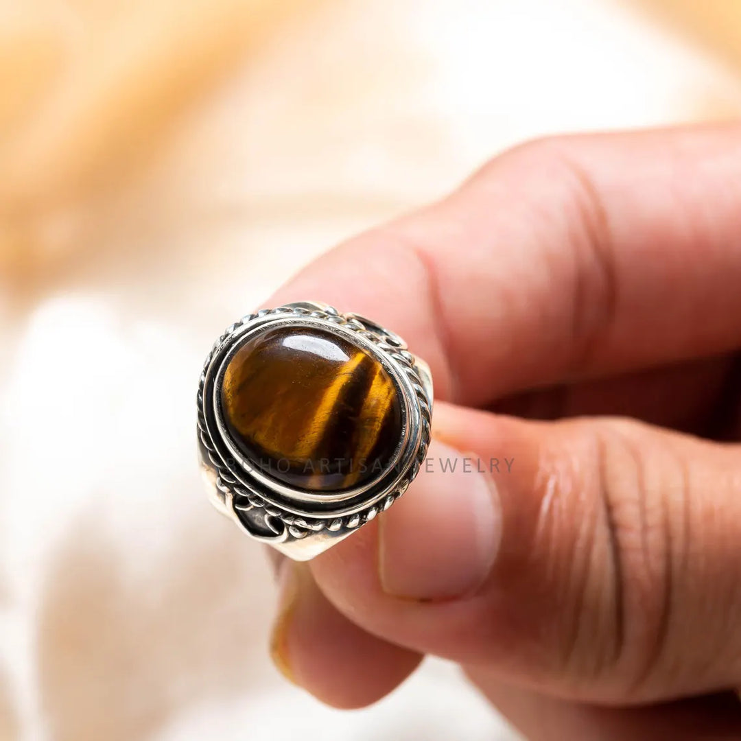 Tiger Eye Sterling Silver Ring: Adjustable Boho Statement Jewelry