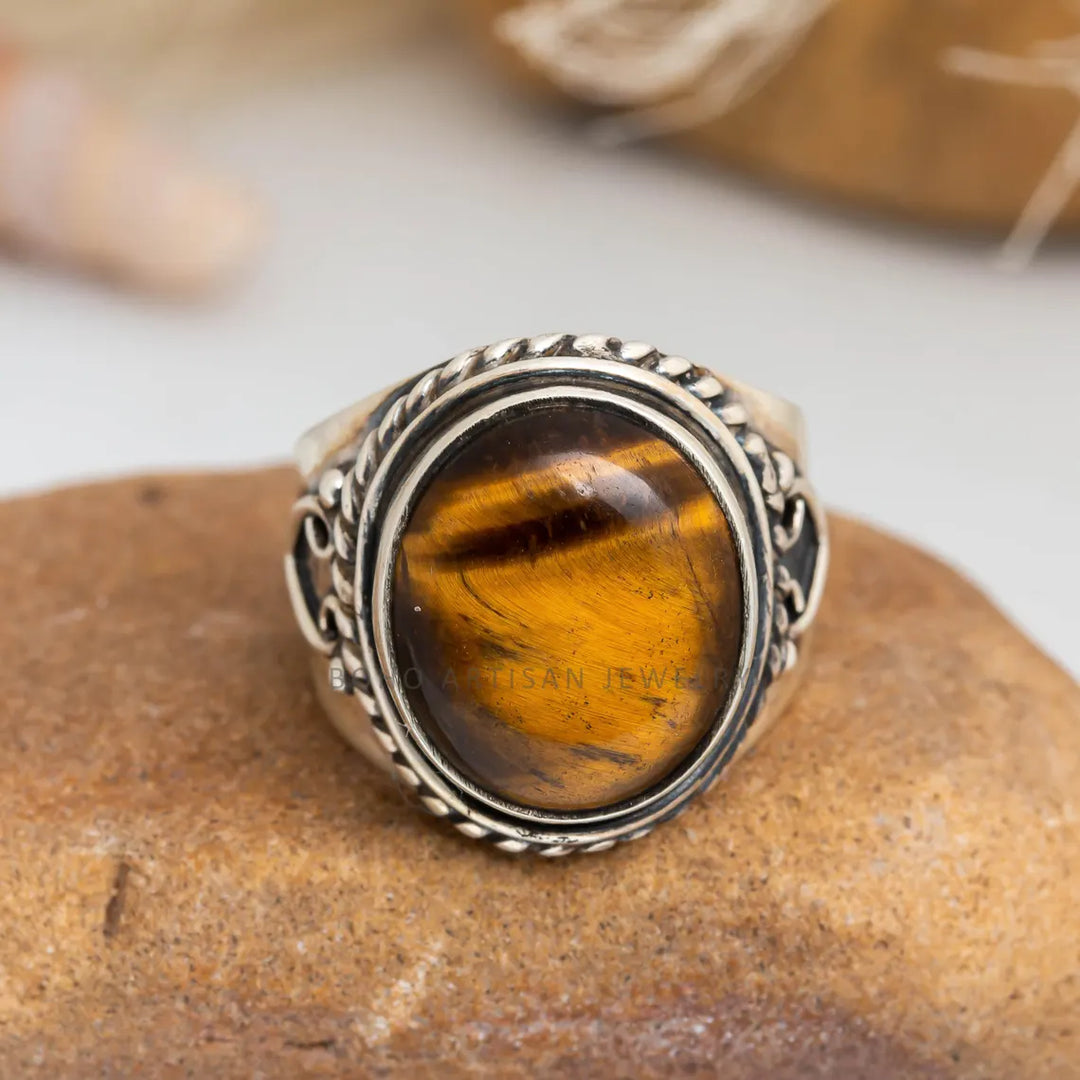 Tiger Eye Sterling Silver Ring: Adjustable Boho Statement Jewelry