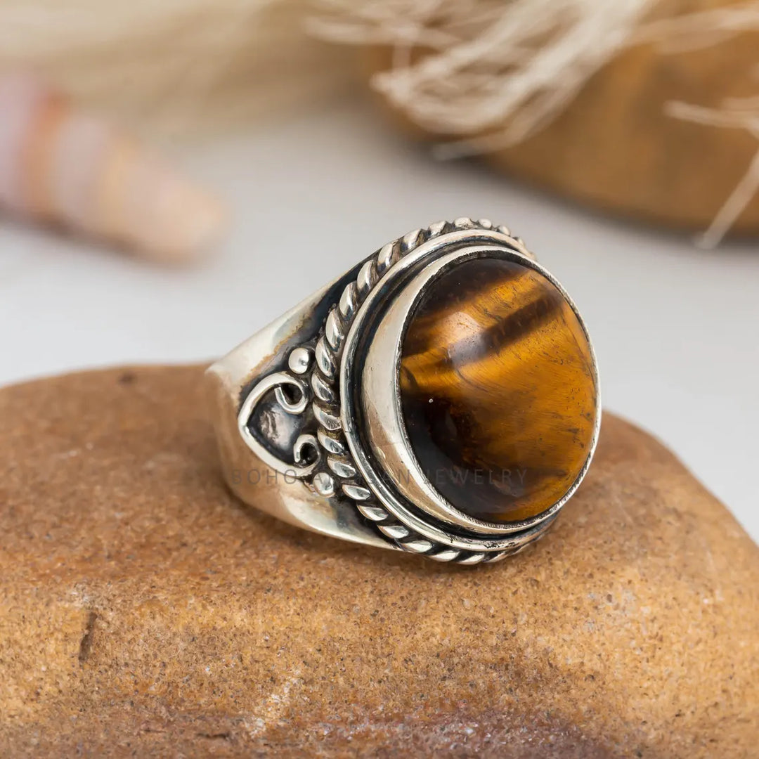 Tiger Eye Sterling Silver Ring: Adjustable Boho Statement Jewelry