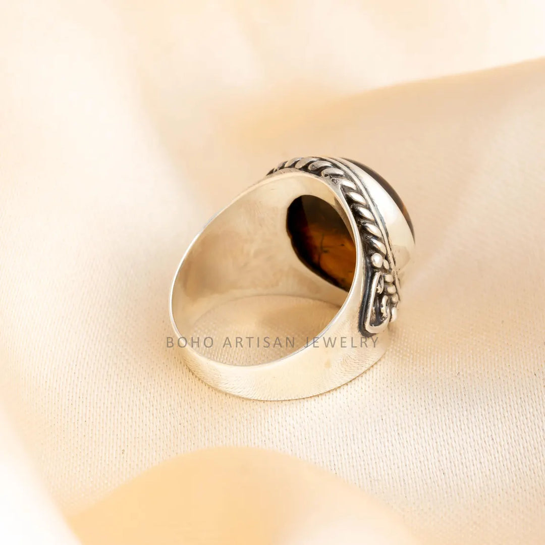 Tiger Eye Sterling Silver Ring: Adjustable Boho Statement Jewelry