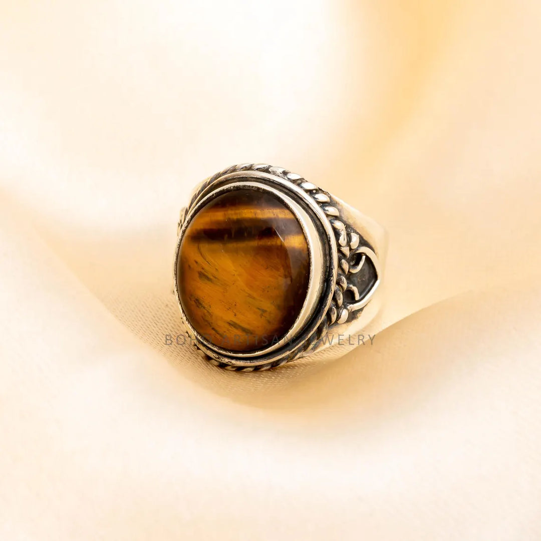 Tiger Eye Sterling Silver Ring: Adjustable Boho Statement Jewelry