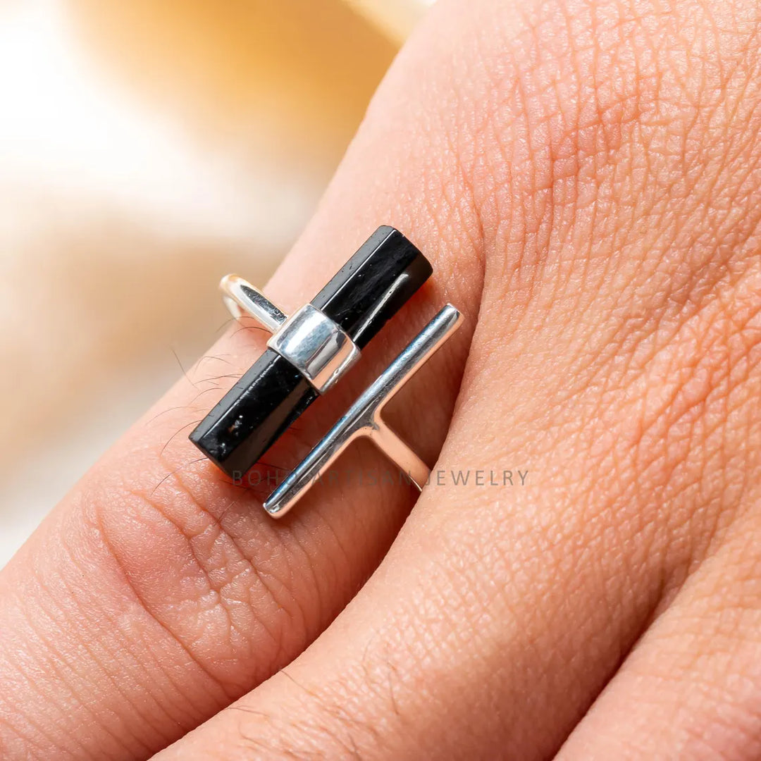 Raw Black Tourmaline Ring: Sterling Silver Adjustable Crystal Bar Ring
