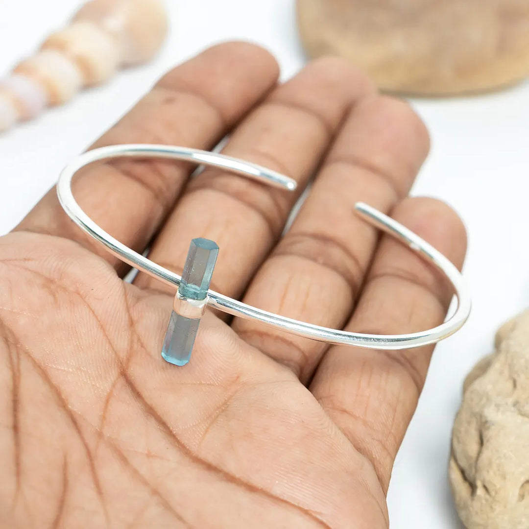 Raw Aquamarine Cuff Bracelet, Aquamarine Stick Bangle Bracelet, Handmade Silver Jewelry, Adjustable Bracelet, March Birthstone, Gift For Her