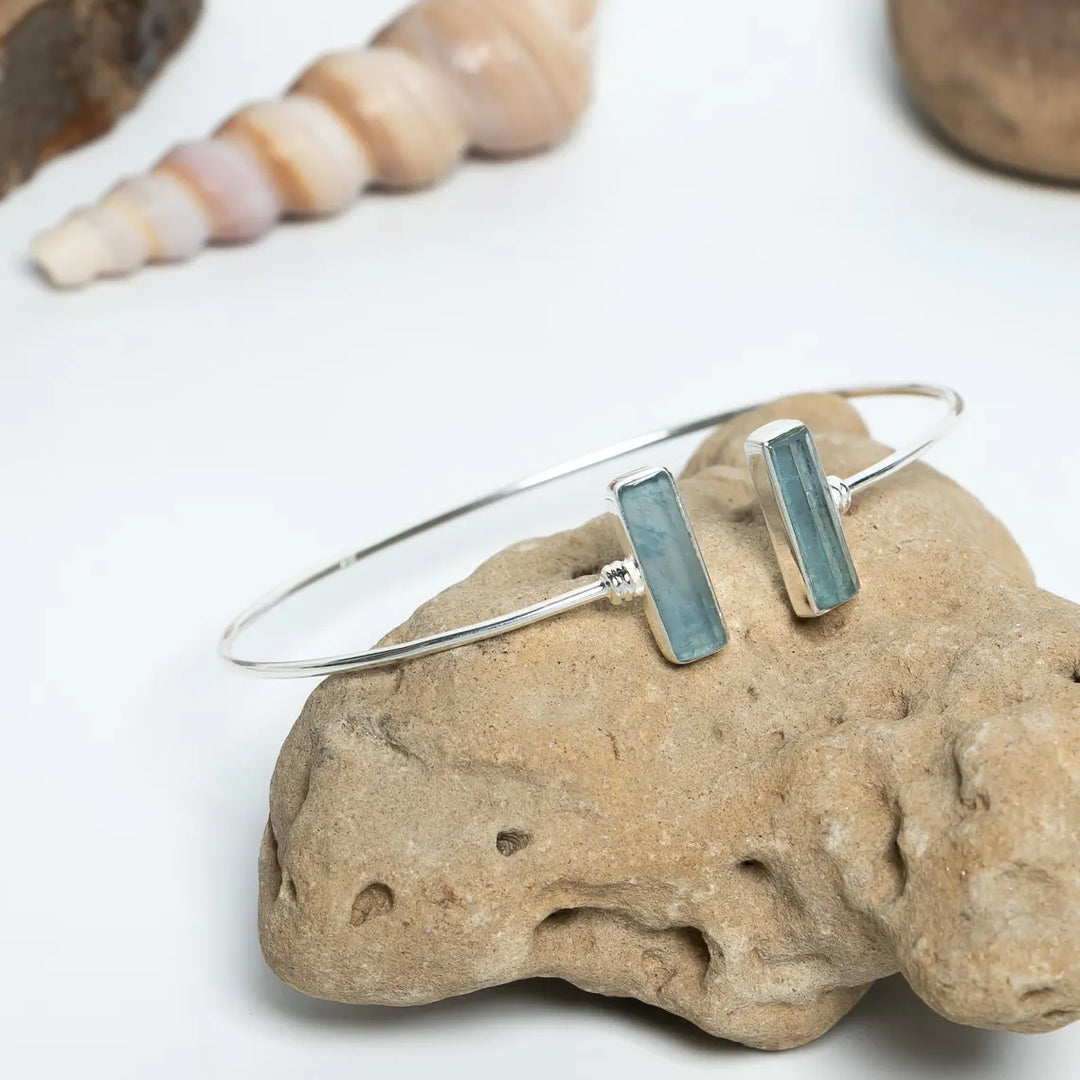 Raw Aquamarine Cuff Bracelet, Aquamarine Stick Bangle Bracelet, Handmade Silver Jewelry, Adjustable Bracelet, March Birthstone, Gift For Her