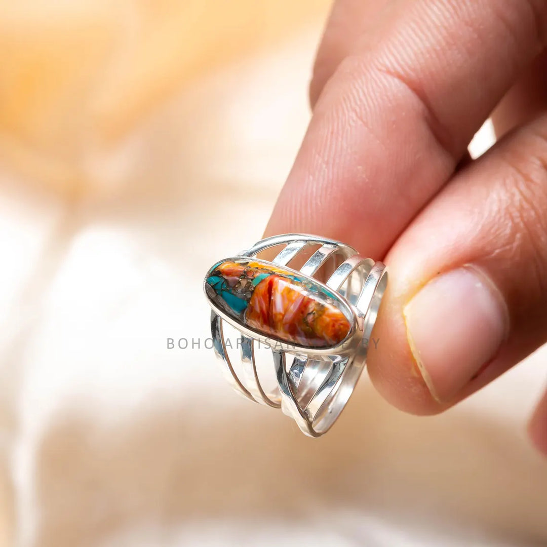Oyster Copper Turquoise Ring: Handmade 925 Sterling Silver Boho Jewelry