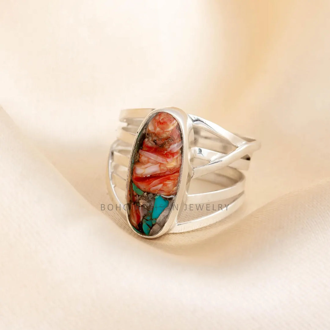 Oyster Copper Turquoise Ring: Handmade 925 Sterling Silver Boho Jewelry