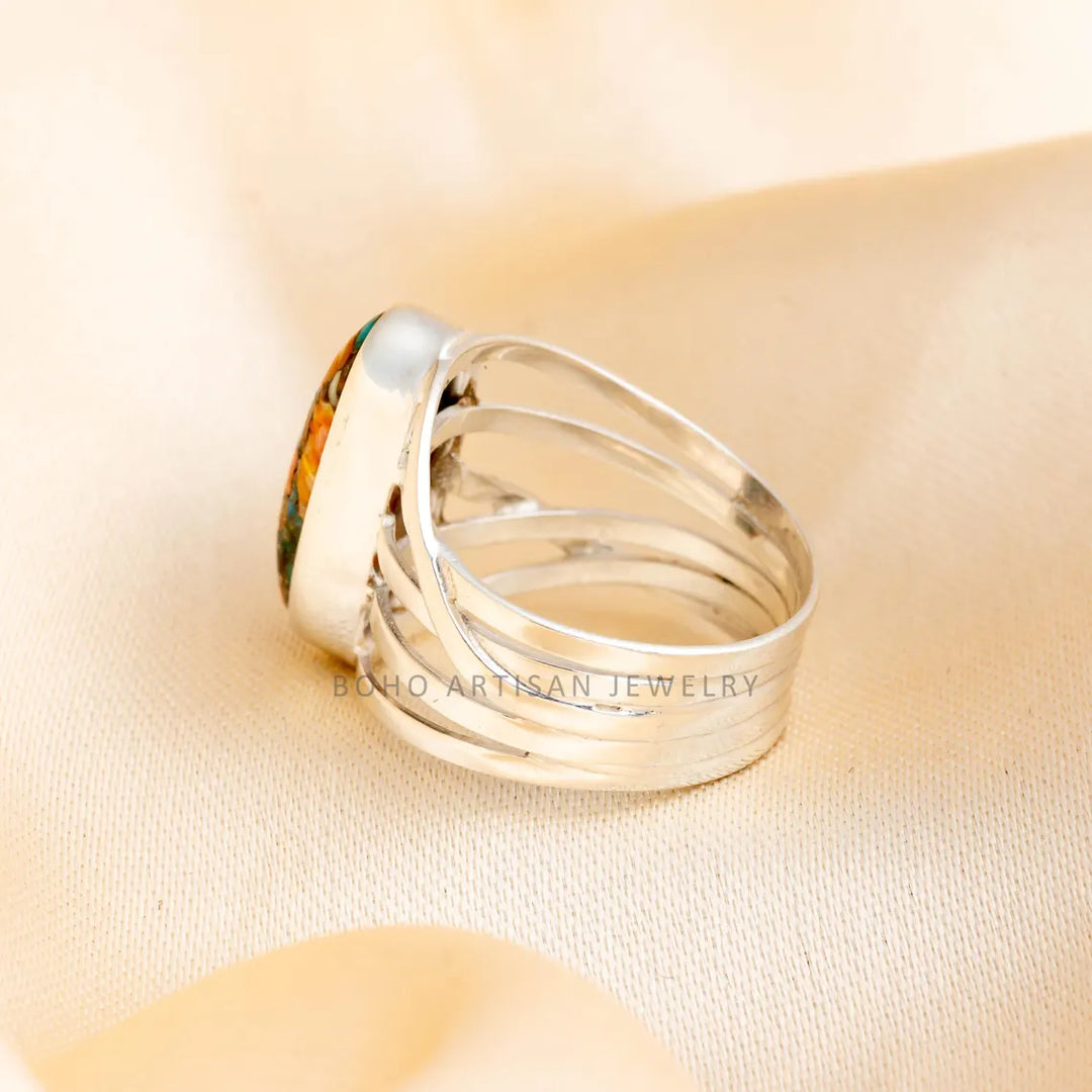 Oyster Copper Turquoise Ring: Handmade 925 Sterling Silver Boho Jewelry