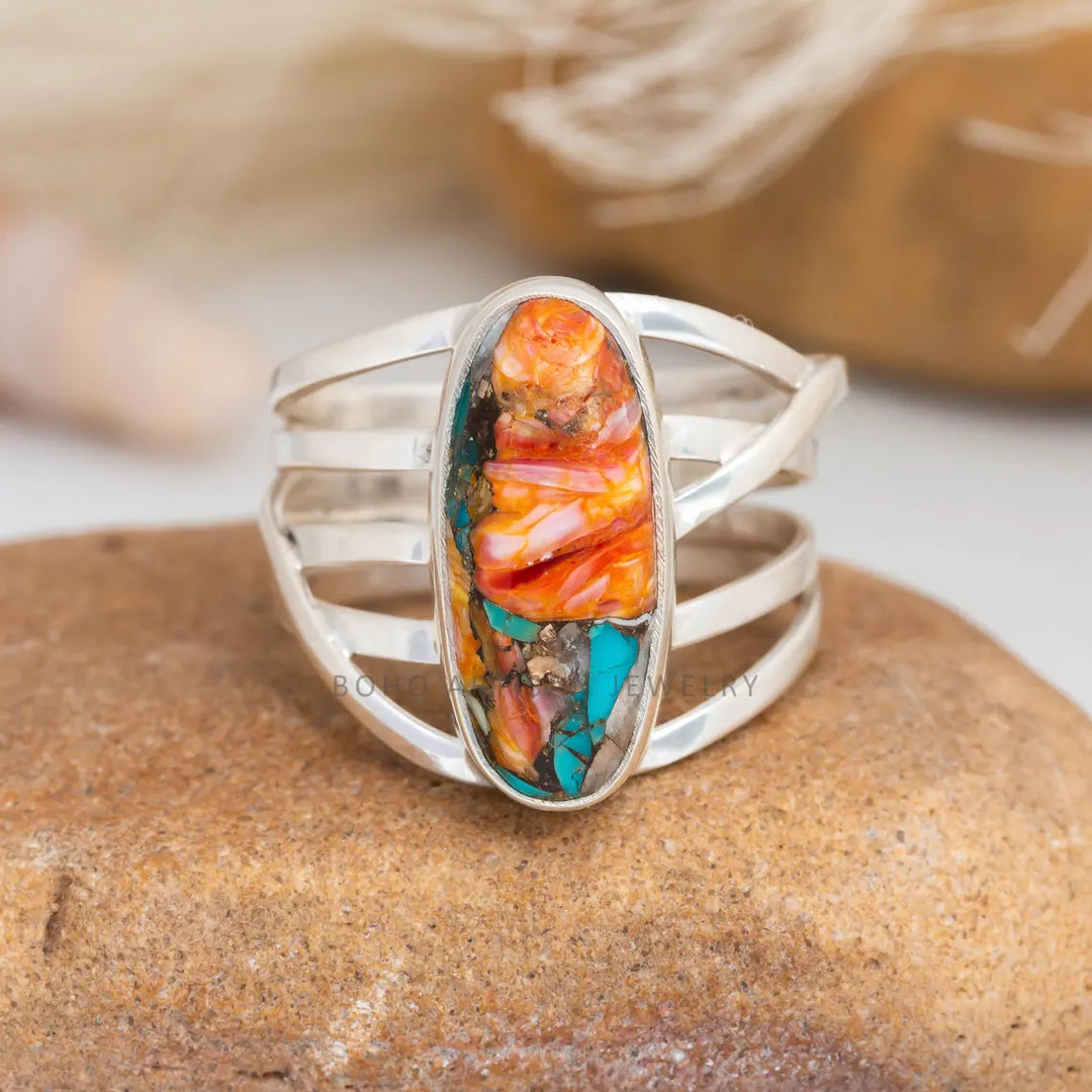 Oyster Copper Turquoise Ring: Handmade 925 Sterling Silver Boho Jewelry
