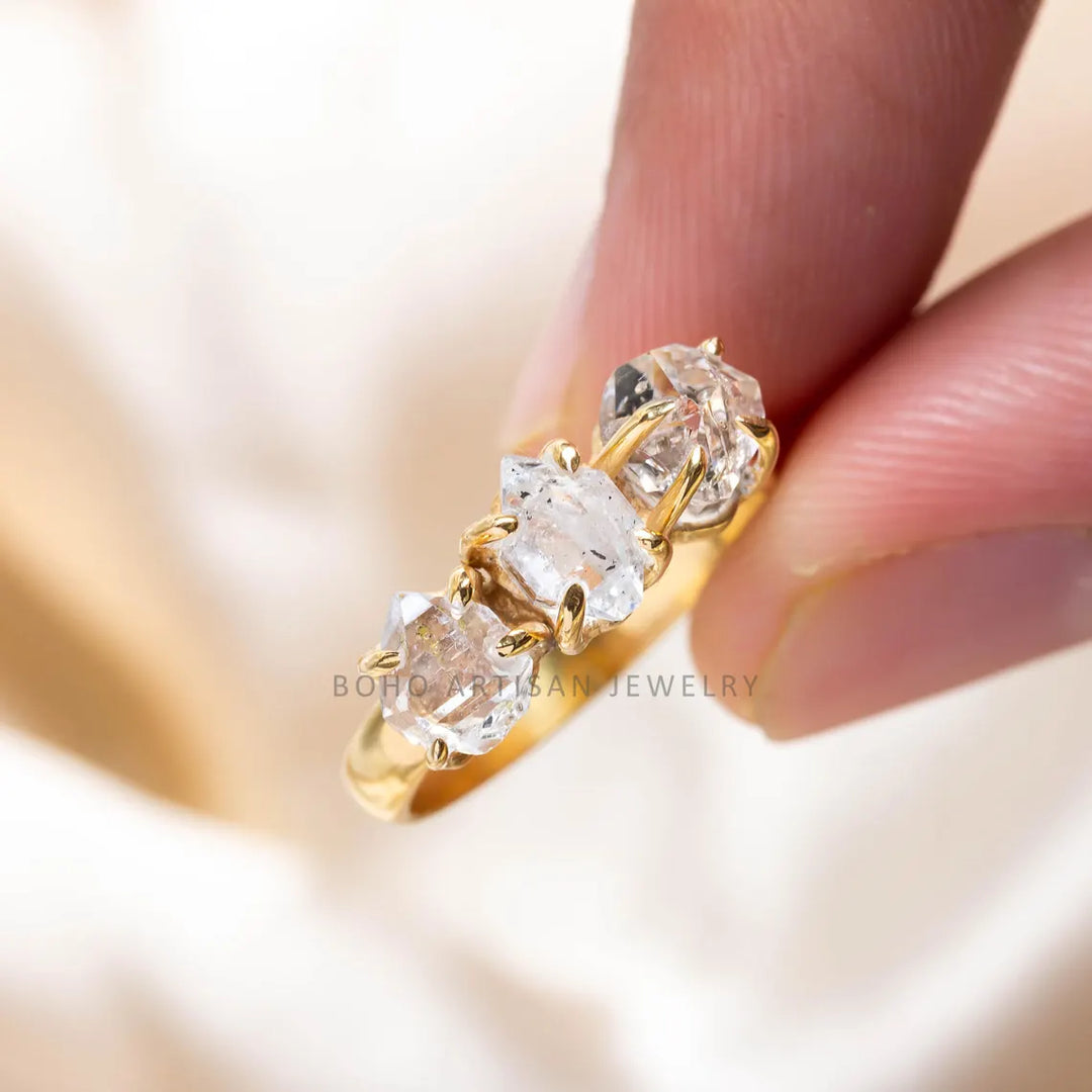 Herkimer Diamond Gold Ring, 14k Gold Ring, Handmade Crystal Jewelry, Engagement Ring, Uncut Diamond Ring, April Birthstone, Gift For Her