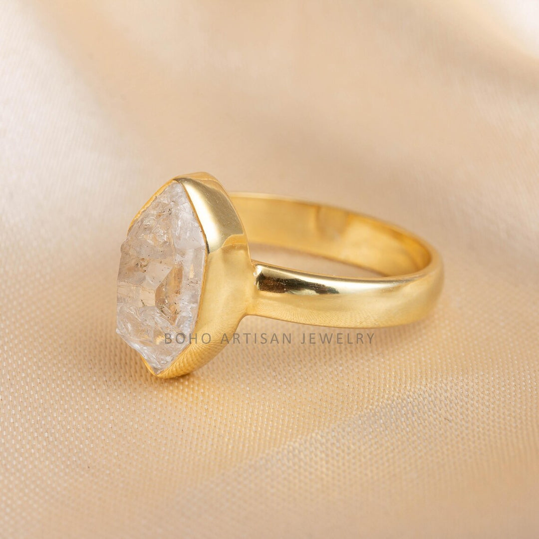 Herkimer Diamond Ring: Raw Crystal 925 Sterling Silver, Gold Plated