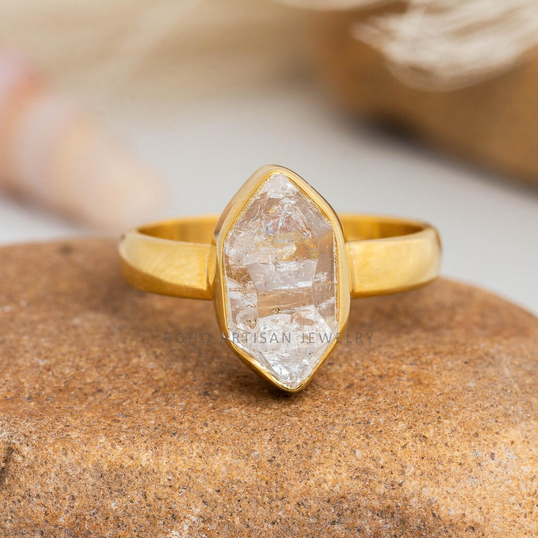 Herkimer Diamond Ring: Raw Crystal 925 Sterling Silver, Gold Plated