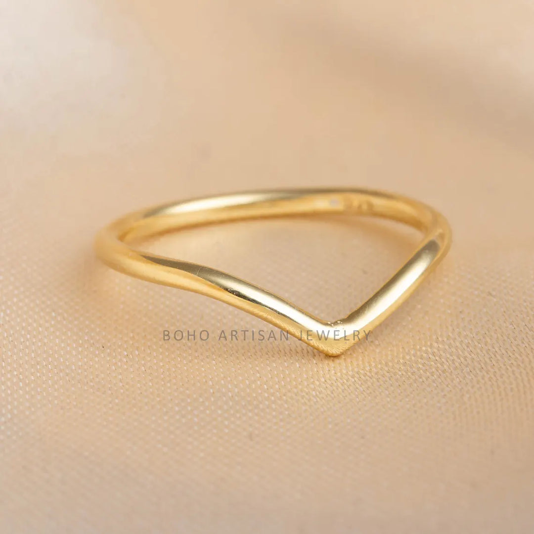 Dainty 14k Gold Chevron Ring: Sterling Silver V Band, Minimalist Stacking Jewelry