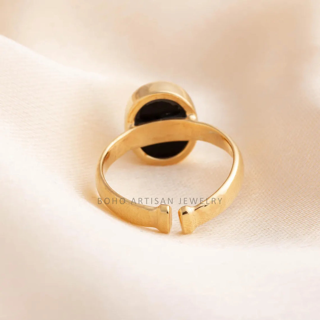 Black Obsidian Gold Ring, 14K Gold Adjustable Ring, Handmade Jewelry, Black Boho Ring, December Birthstone, Protection Ring, Gift For Her