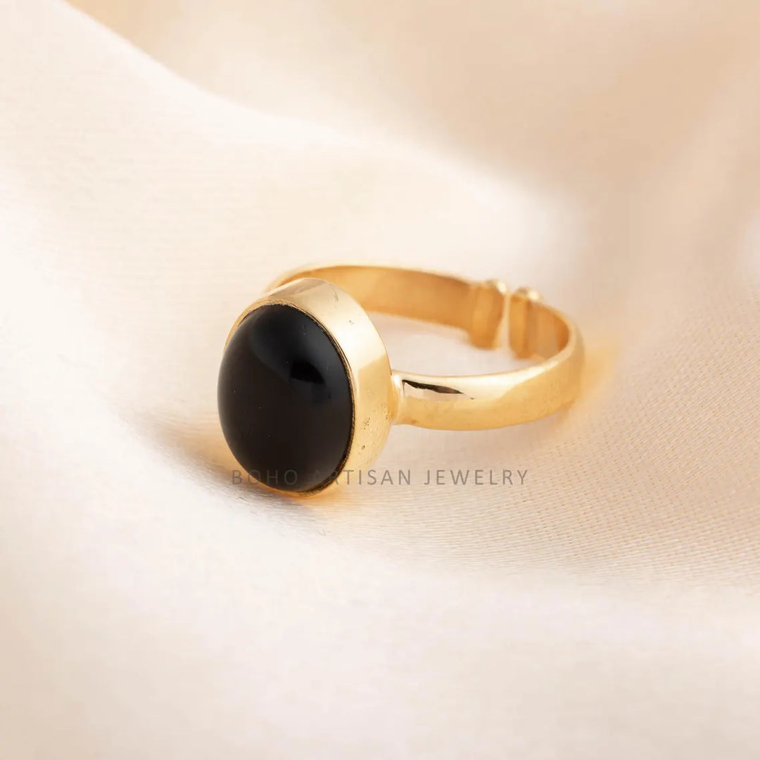 Black Obsidian Gold Ring, 14K Gold Adjustable Ring, Handmade Jewelry, Black Boho Ring, December Birthstone, Protection Ring, Gift For Her
