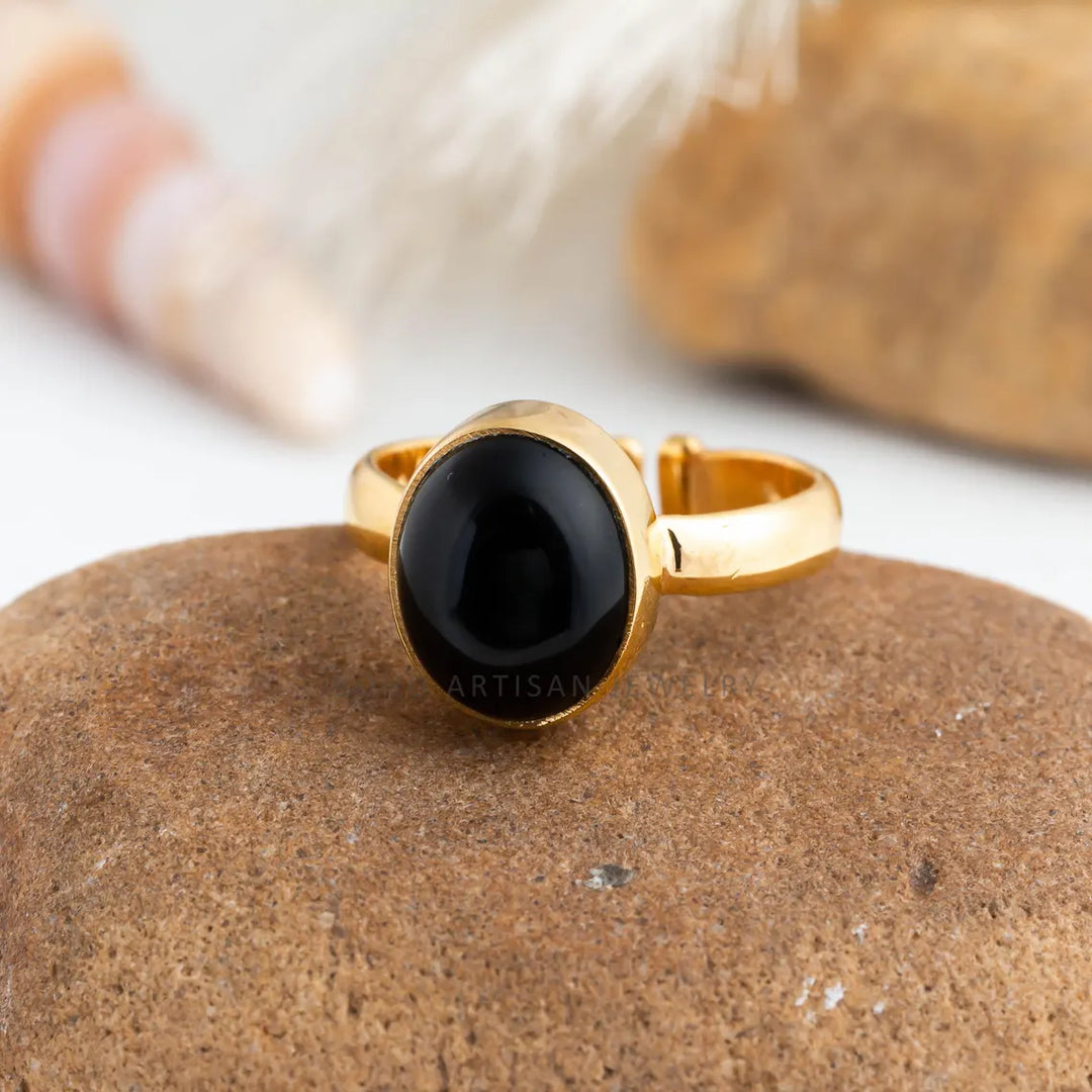 Black Obsidian Gold Ring, 14K Gold Adjustable Ring, Handmade Jewelry, Black Boho Ring, December Birthstone, Protection Ring, Gift For Her