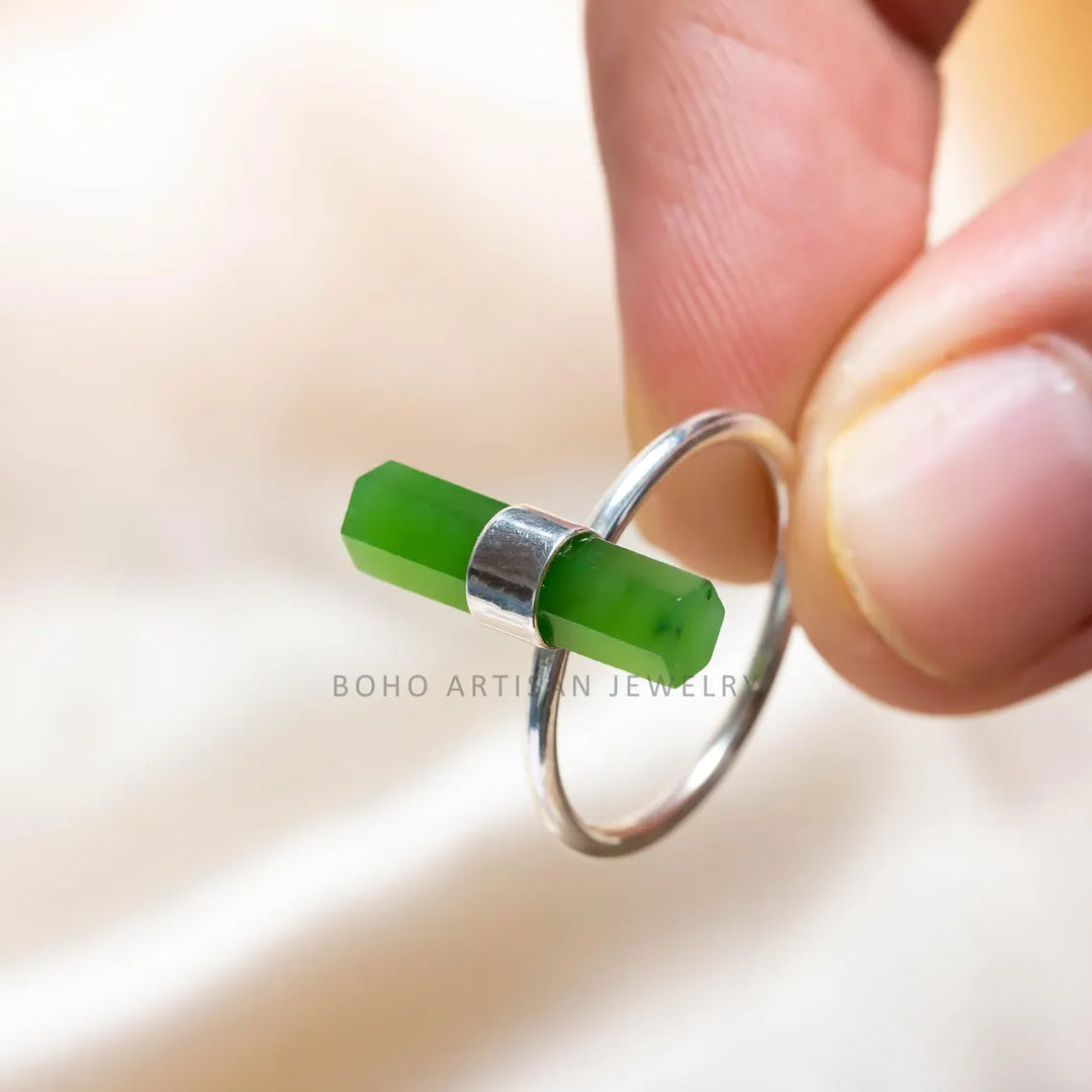 Raw Green Jade Ring, Stick Bar Ring, Handmade Silver Ring, Statement Jewelry, Natural Jade Ring, March Birthstone Jewelry, Gift For Her