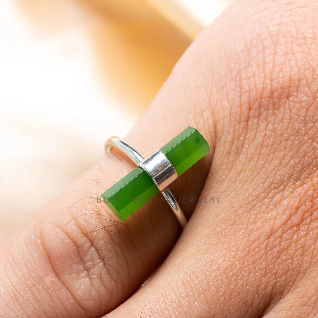Raw Green Jade Ring, Stick Bar Ring, Handmade Silver Ring, Statement Jewelry, Natural Jade Ring, March Birthstone Jewelry, Gift For Her