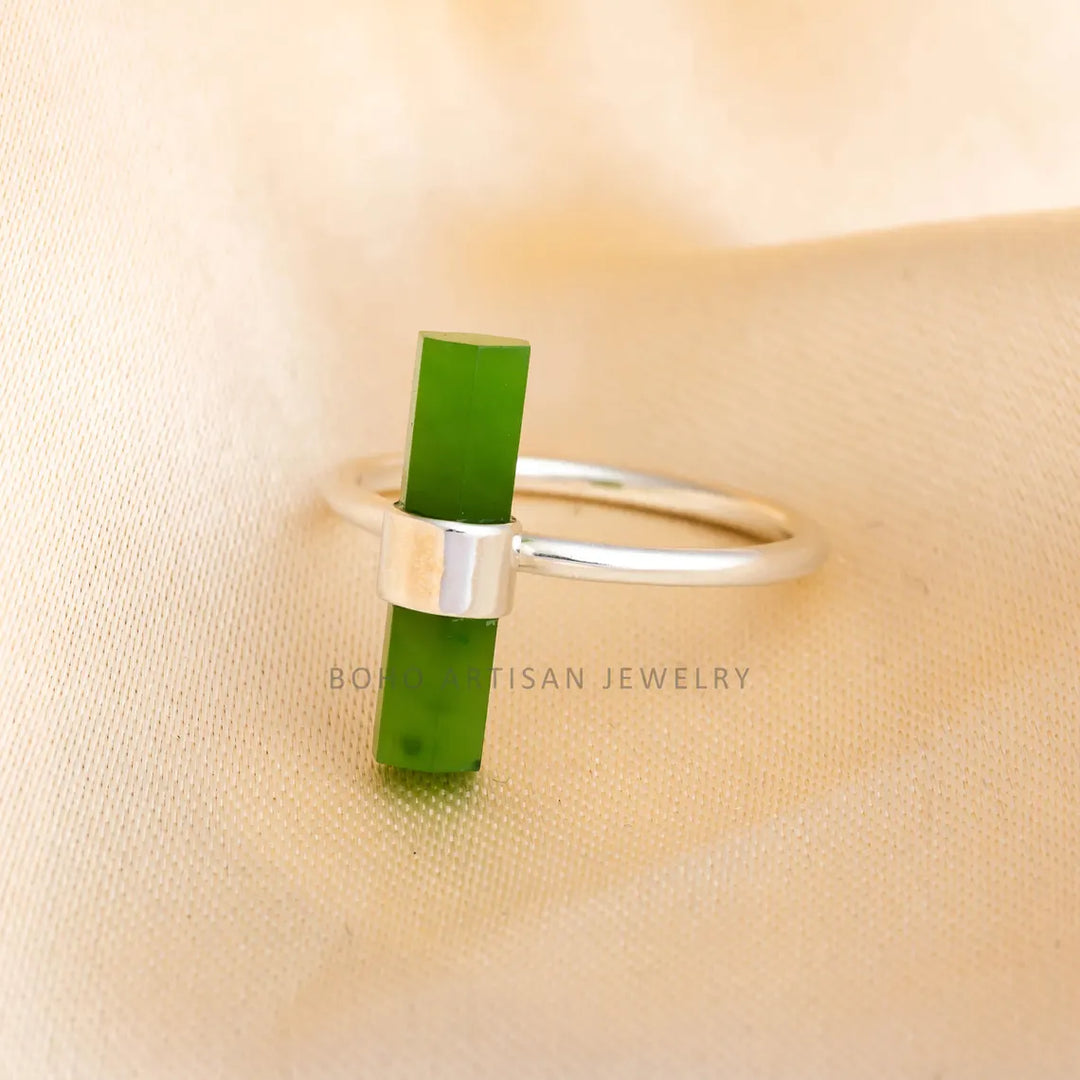 Raw Green Jade Ring, Stick Bar Ring, Handmade Silver Ring, Statement Jewelry, Natural Jade Ring, March Birthstone Jewelry, Gift For Her