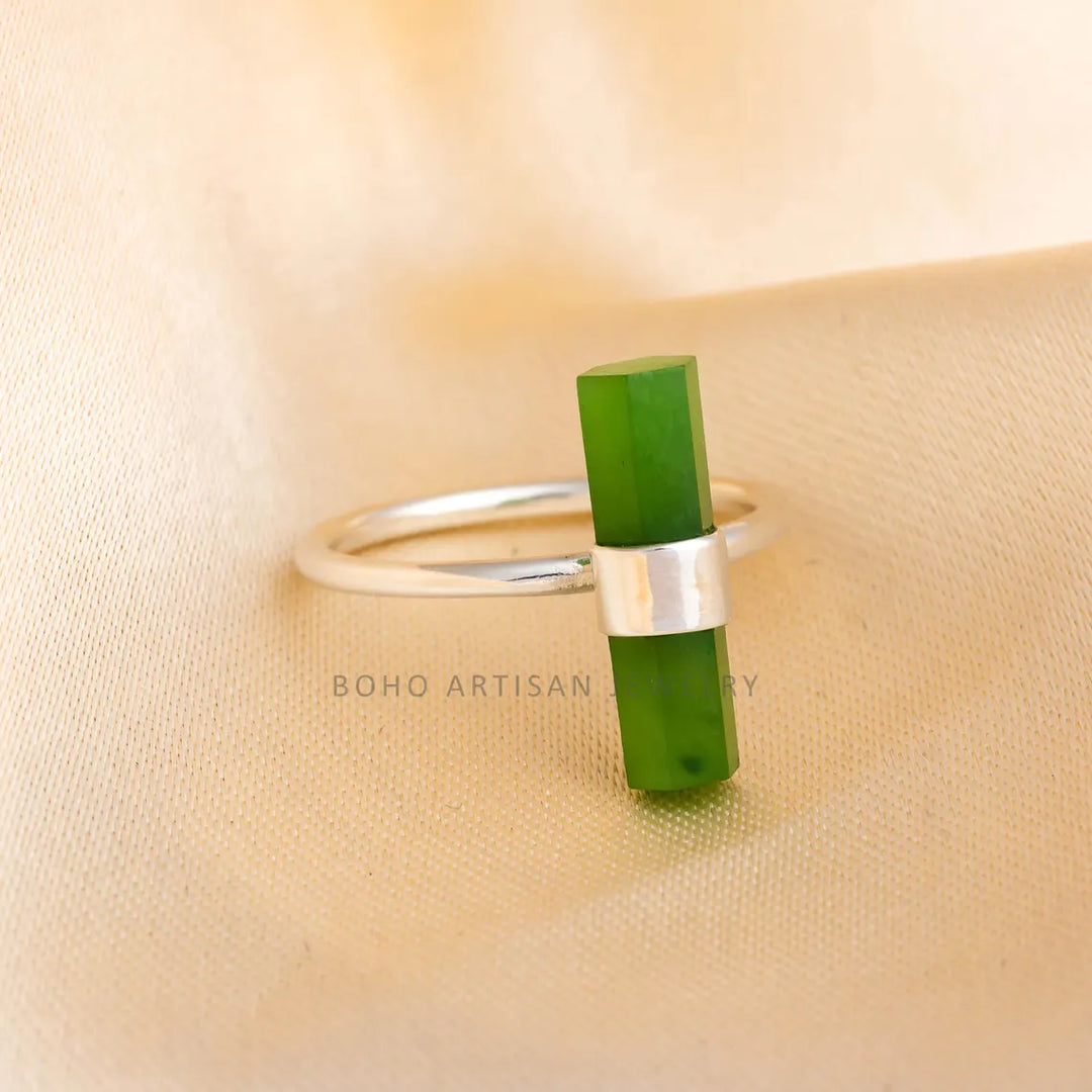 Raw Green Jade Ring, Stick Bar Ring, Handmade Silver Ring, Statement Jewelry, Natural Jade Ring, March Birthstone Jewelry, Gift For Her