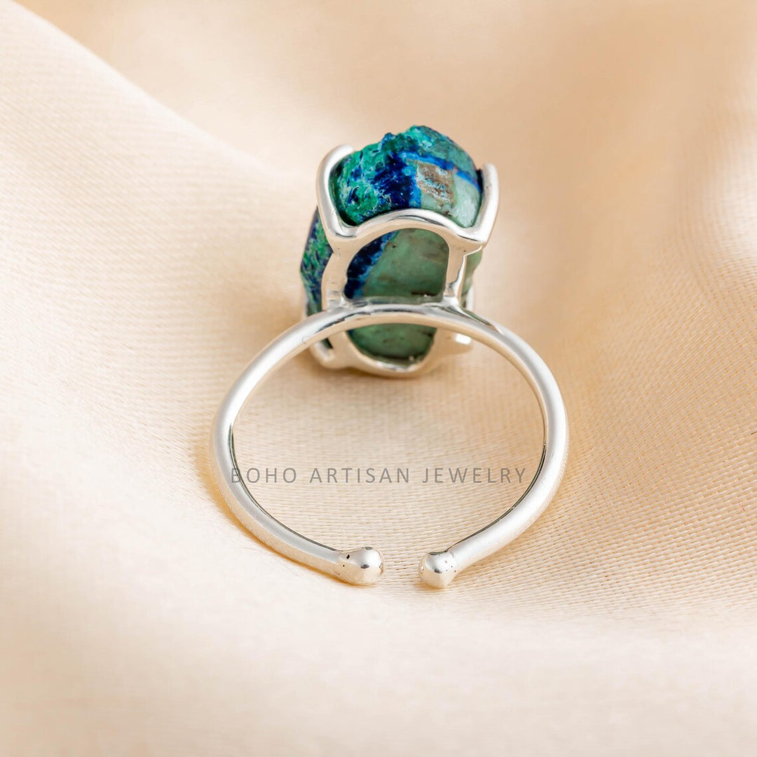 Raw Azurite Malachite Ring: Adjustable Sterling Silver Boho Jewelry