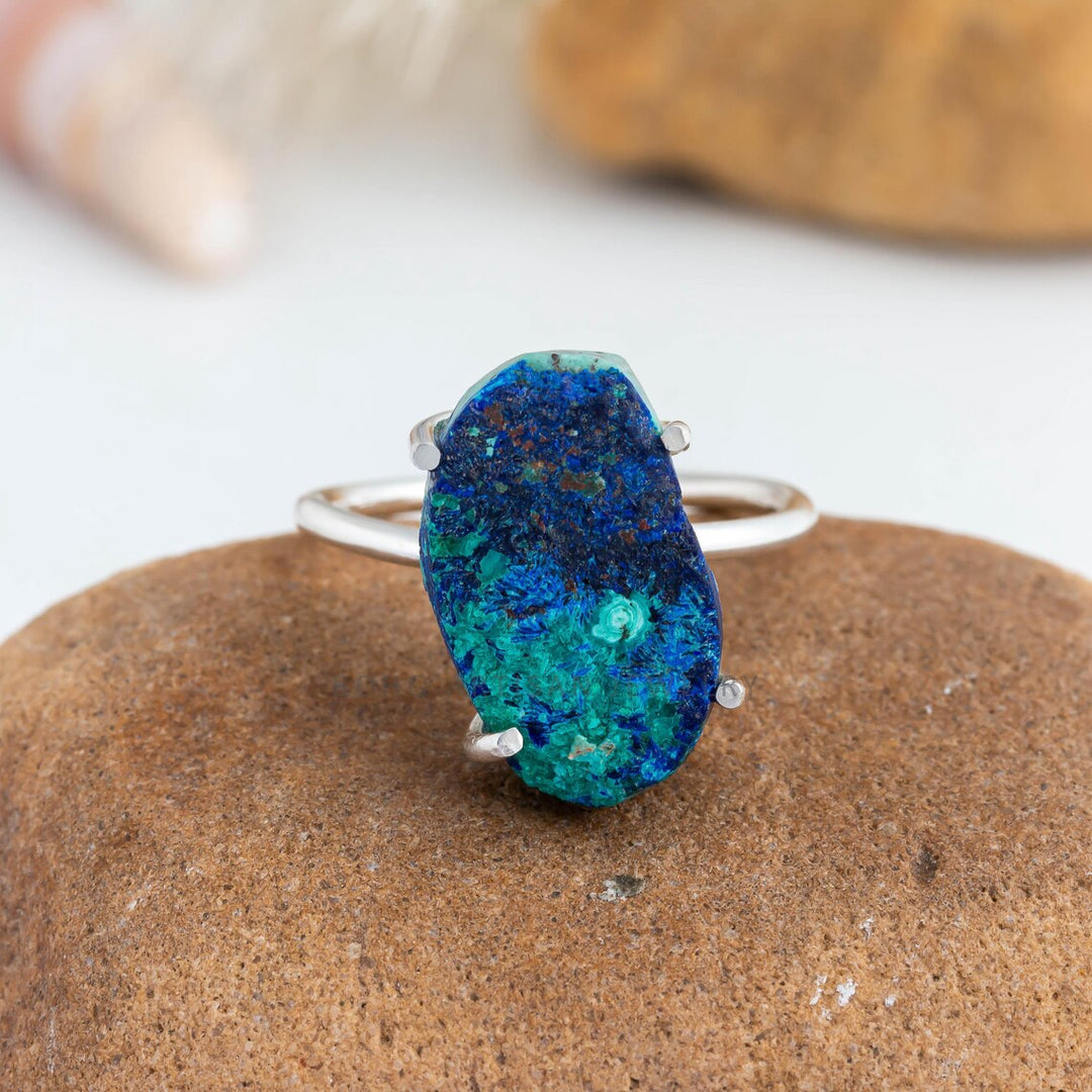 Raw Azurite Malachite Ring: Adjustable Sterling Silver Boho Jewelry