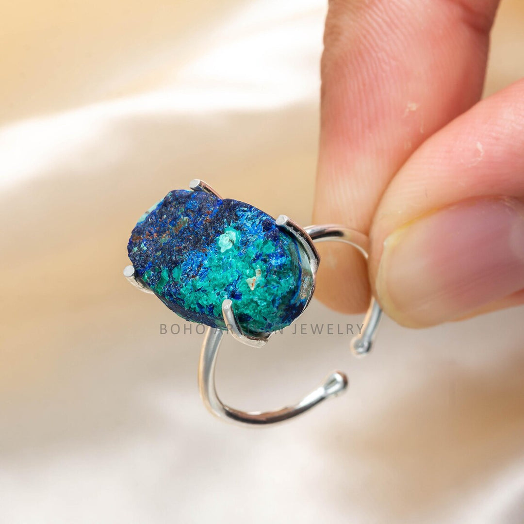 Raw Azurite Malachite Ring: Adjustable Sterling Silver Boho Jewelry