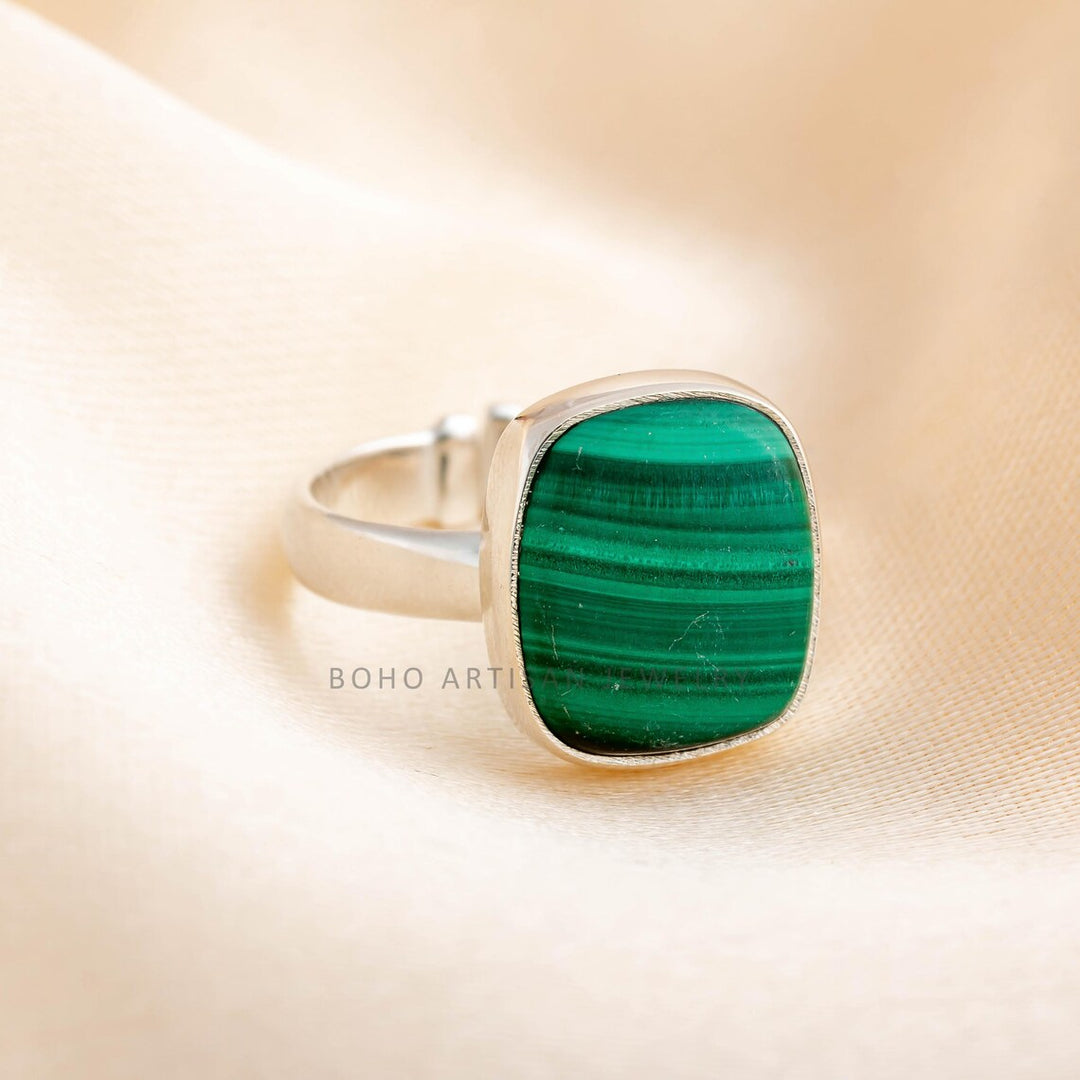 Adjustable Malachite Sterling Silver Ring: Boho Gemstone Jewelry