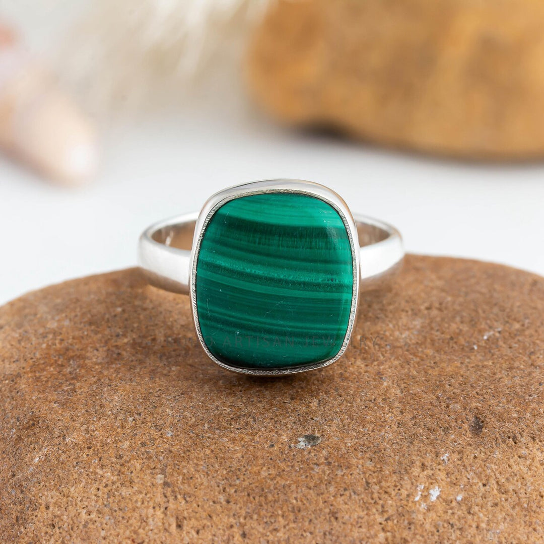 Adjustable Malachite Sterling Silver Ring: Boho Gemstone Jewelry