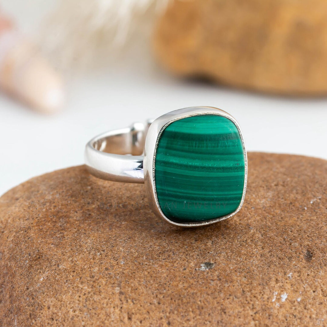 Adjustable Malachite Sterling Silver Ring: Boho Gemstone Jewelry